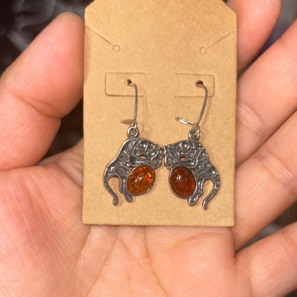 .925 Sterling silver Cat Earrings with voltaic Amber Accents